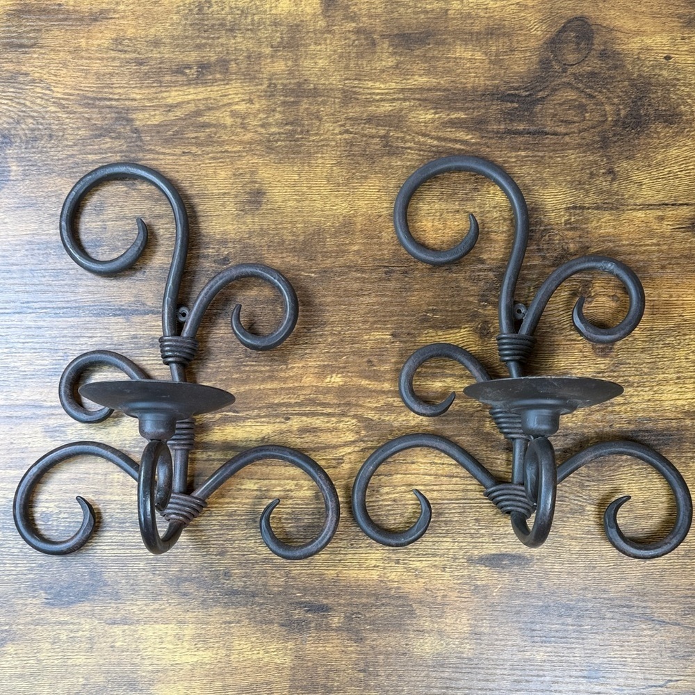 Elegant Black Brass Iron Wall Candle Holder Set 11” x 8”